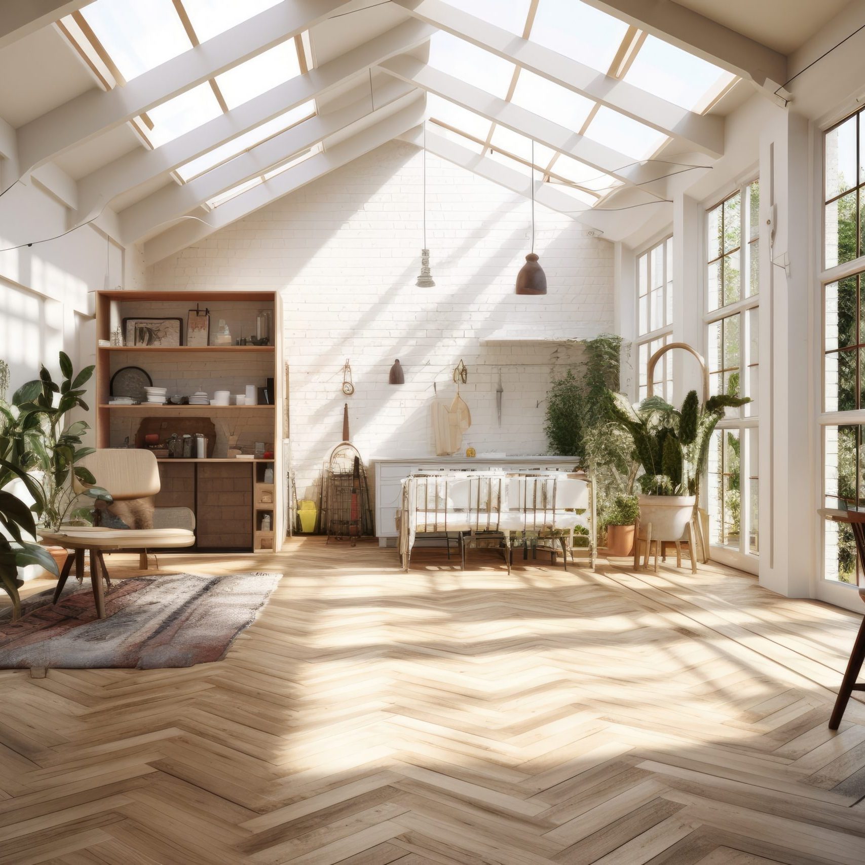 Parquet flooring, a contemporary white decor, and a Scandi-Boho aesthetic.